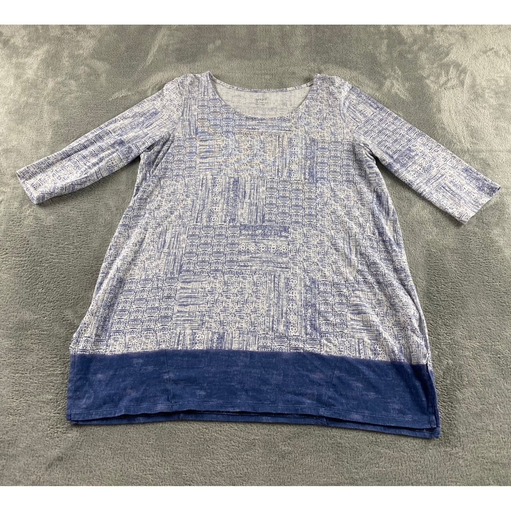 Pure Jill J Jill Womens Blue‎ White Geometric Fine Print Tunic 3/4 Sleeve Small
